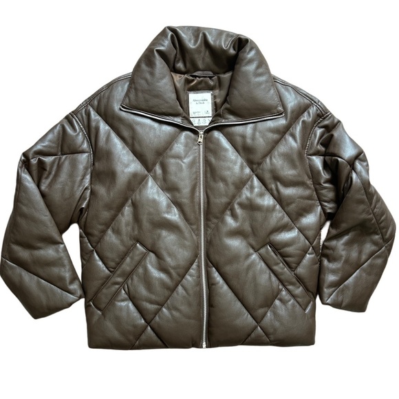 Abercrombie & Fitch Oversized Vegan Leather Brown Quilted Puffer Jacket Medium - Picture 4 of 13
